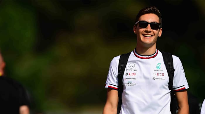 George Russel of Mercedes-AMG Petronas arrive into the circuit before race of Spanish Grand Prix